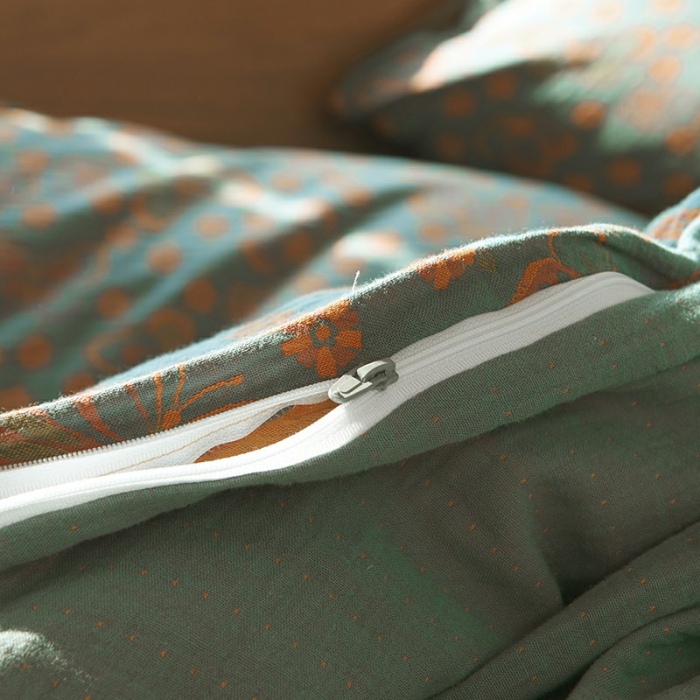 91家纺网 家纺一手货源 找家纺 安莱 2022色织提花全棉双层纱四件套-福蝶-蓝（拉链款）