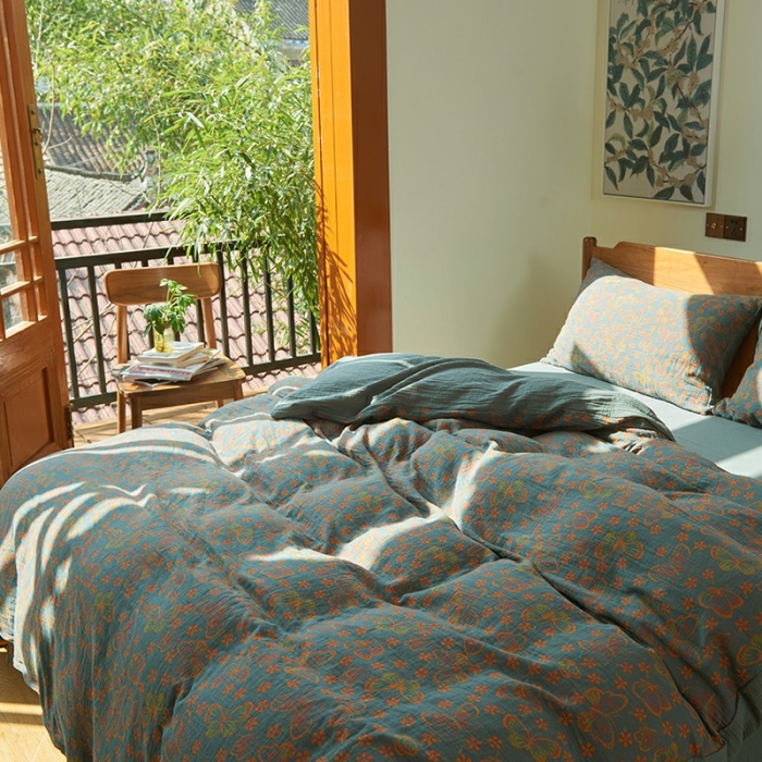 91家纺网 家纺一手货源 找家纺 安莱 2022色织提花全棉双层纱四件套-福蝶-蓝（拉链款）