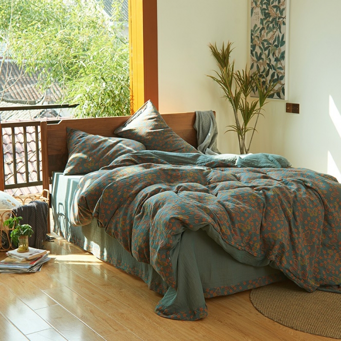 91家纺网 家纺一手货源 找家纺 安莱 2022色织提花全棉双层纱四件套-福蝶-蓝（拉链款）