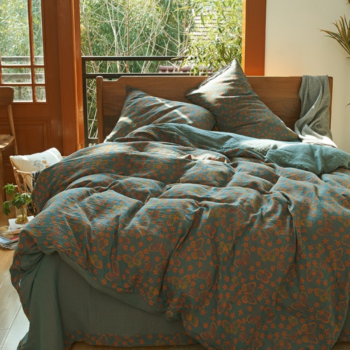 91家纺网 家纺一手货源 找家纺 安莱 2022色织提花全棉双层纱四件套-福蝶-蓝（拉链款）