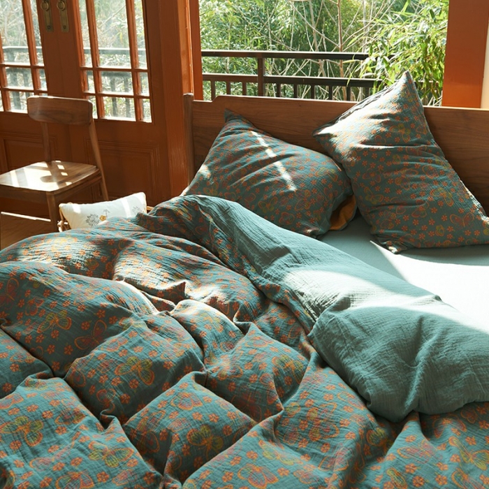 91家纺网 家纺一手货源 找家纺 安莱 2022色织提花全棉双层纱四件套-福蝶-蓝（拉链款）