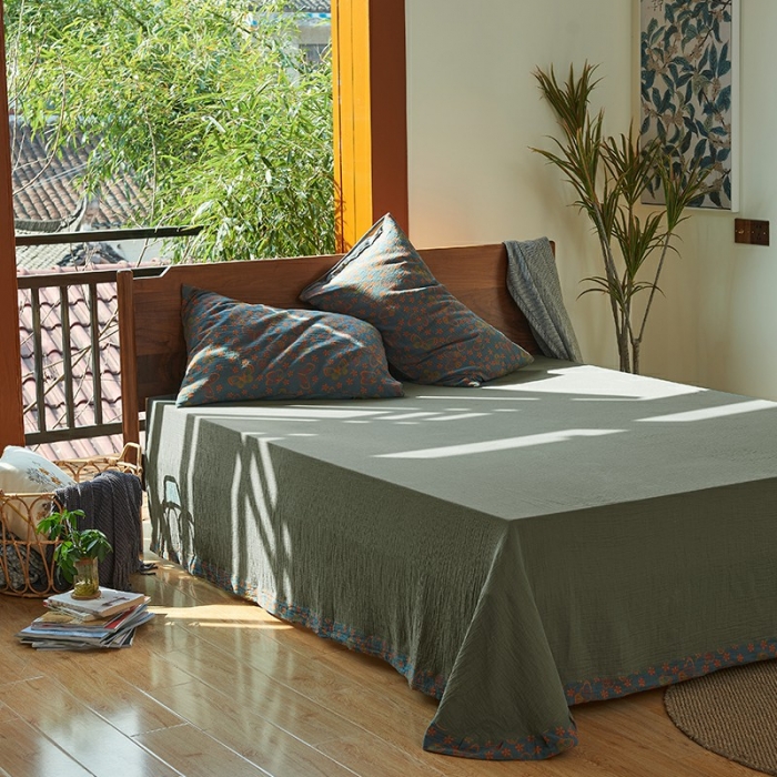 91家纺网 家纺一手货源 找家纺 安莱 2022色织提花全棉双层纱四件套-福蝶-蓝（拉链款）