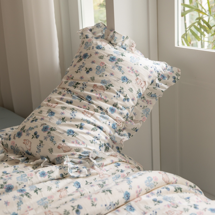 91家纺网 家纺一手货源 找家纺 淑女公社 2022春夏新款 双层纱四件套花边款 爱丽丝兔 蓝