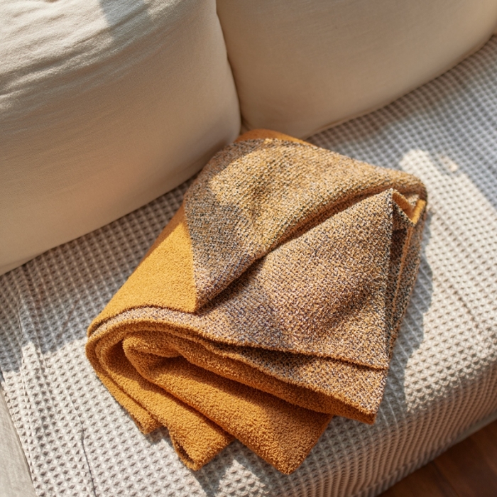 91家纺网 家纺一手货源 找家纺 安莱 2022新款设计师太阳花A类半边绒针织毯子午睡毯秋冬 苍苍