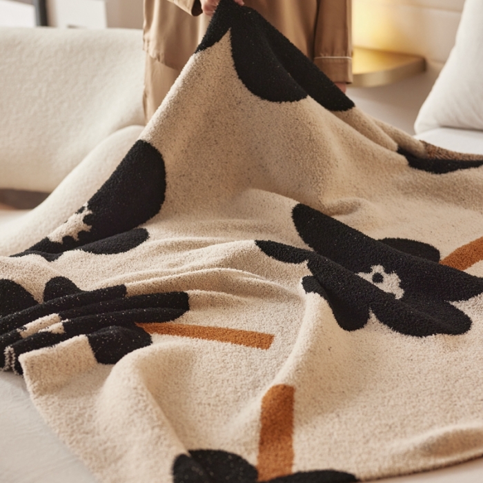 91家纺网 家纺一手货源 找家纺 安莱 设计师太阳花A类半边绒针织毯子沙发办公室午睡毯秋冬 向阳花