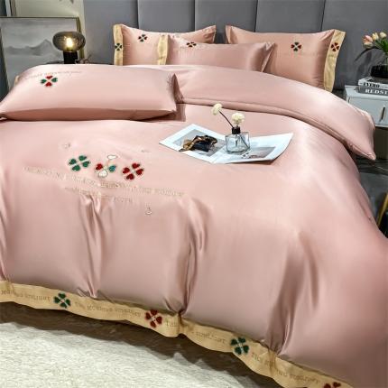 2023爆款春夏新款水洗真丝四叶草系列四件套 裸目粉