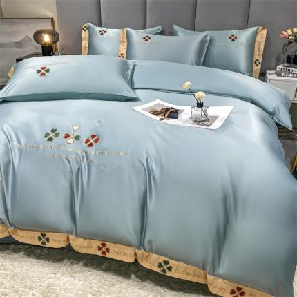 2023爆款春夏新款水洗真丝四叶草系列四件套 空蓝昼