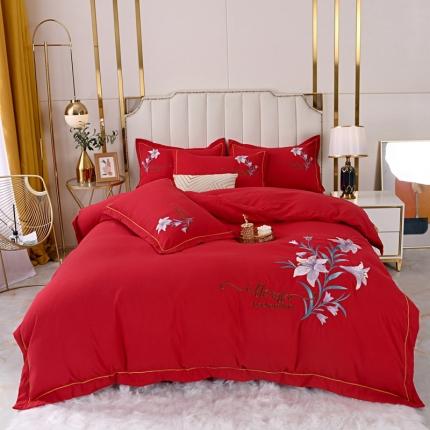 91家纺网 家纺一手货源 找家纺 爱她美 2022新款磨毛绣花四件套 百合花-大红