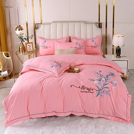 91家纺网 家纺一手货源 找家纺 爱她美 2022新款磨毛绣花四件套 百合花-浅粉