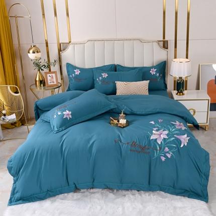 91家纺网 家纺一手货源 找家纺 爱她美 2022新款磨毛绣花四件套 百合花-水蓝