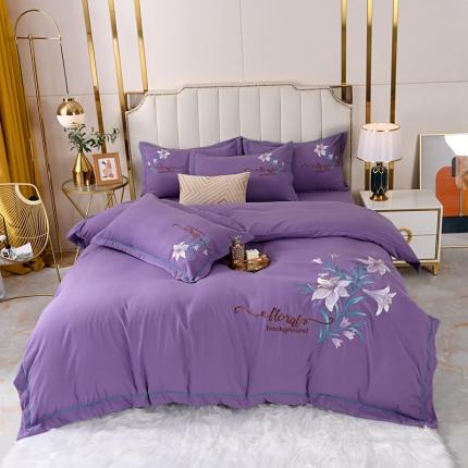 91家纺网 家纺一手货源 找家纺 爱她美 2022新款磨毛绣花四件套 百合花-紫色