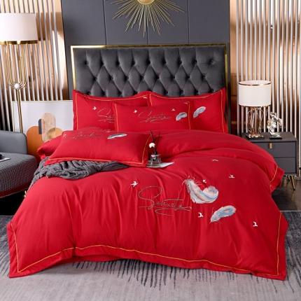 91家纺网 家纺一手货源 找家纺 爱她美 2022新款磨毛绣花四件套 飘羽-大红