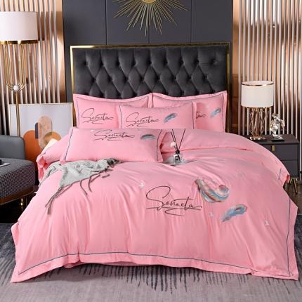 91家纺网 家纺一手货源 找家纺 爱她美 2022新款磨毛绣花四件套 飘羽-浅粉