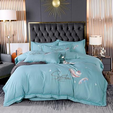 91家纺网 家纺一手货源 找家纺 爱她美 2022新款磨毛绣花四件套 飘羽-浅蓝