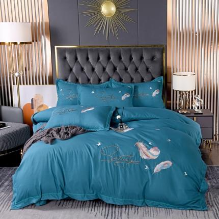 91家纺网 家纺一手货源 找家纺 爱她美 2022新款磨毛绣花四件套 飘羽-水蓝