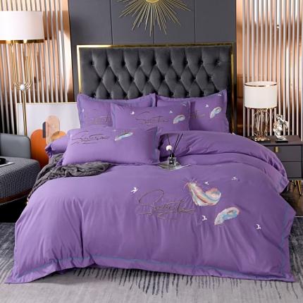 91家纺网 家纺一手货源 找家纺 爱她美 2022新款磨毛绣花四件套 飘羽-紫色