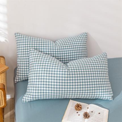 蓝巢家纺2022全棉色织水洗棉单品枕套 蓝小格48*74*2