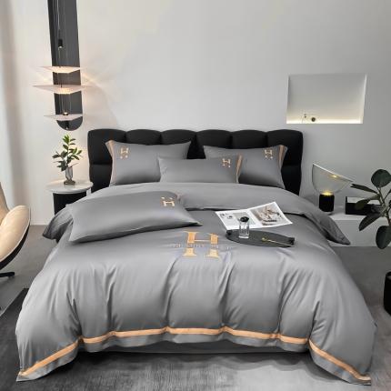 91家纺网 家纺一手货源 找家纺 衿成 2025新款全棉刺绣四件套-H系列 浅灰