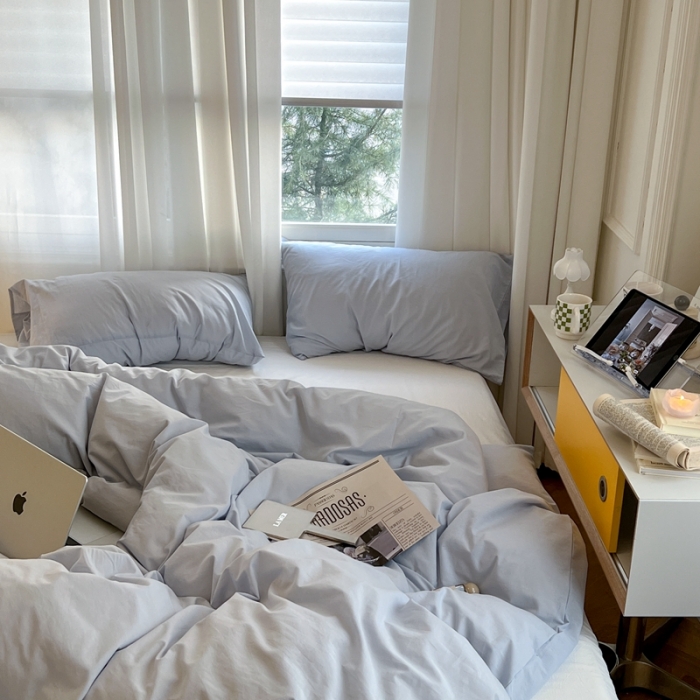 91家纺网 家纺一手货源 找家纺 六巷胡同新款ins博主风纯色混搭四件套全棉水洗棉 浅蓝牛乳白