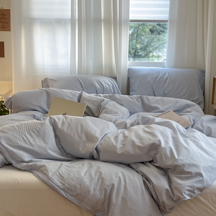 91家纺网 家纺一手货源 找家纺 六巷胡同新款ins博主风纯色混搭四件套全棉水洗棉 浅蓝牛乳白