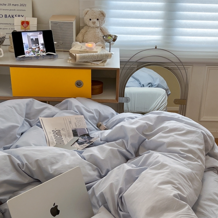 91家纺网 家纺一手货源 找家纺 六巷胡同新款ins博主风纯色混搭四件套全棉水洗棉 浅蓝牛乳白