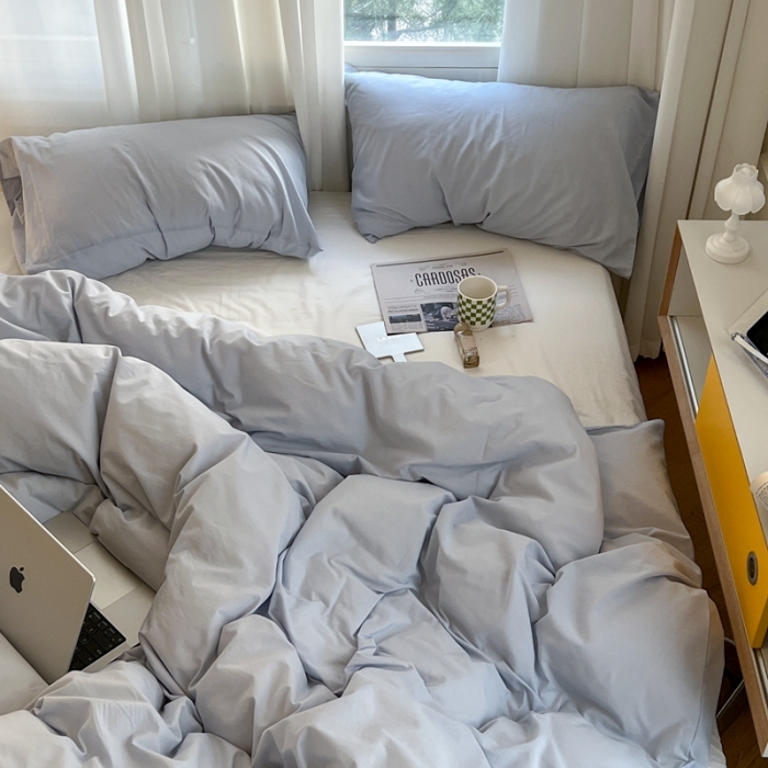 91家纺网 家纺一手货源 找家纺 六巷胡同新款ins博主风纯色混搭四件套全棉水洗棉 浅蓝牛乳白