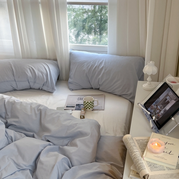 91家纺网 家纺一手货源 找家纺 六巷胡同新款ins博主风纯色混搭四件套全棉水洗棉 浅蓝牛乳白