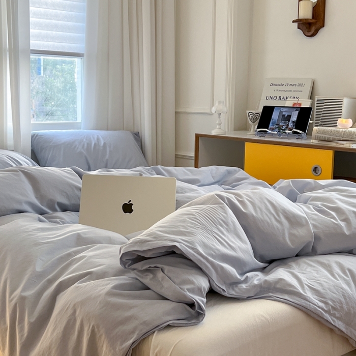 91家纺网 家纺一手货源 找家纺 六巷胡同新款ins博主风纯色混搭四件套全棉水洗棉 浅蓝牛乳白