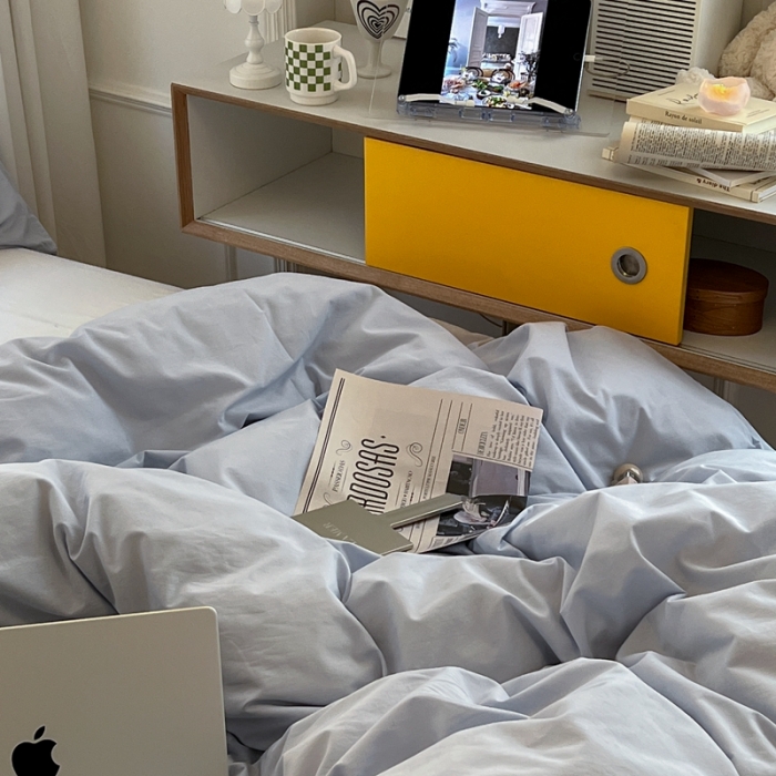 91家纺网 家纺一手货源 找家纺 六巷胡同新款ins博主风纯色混搭四件套全棉水洗棉 浅蓝牛乳白