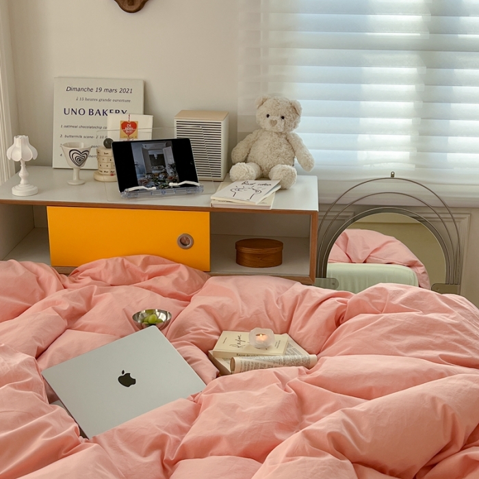 91家纺网 家纺一手货源 找家纺 六巷胡同新款ins博主风纯色混搭四件套全棉水洗棉 樱桃粉奶黄