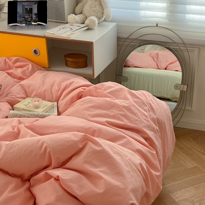 91家纺网 家纺一手货源 找家纺 六巷胡同新款ins博主风纯色混搭四件套全棉水洗棉 樱桃粉奶黄