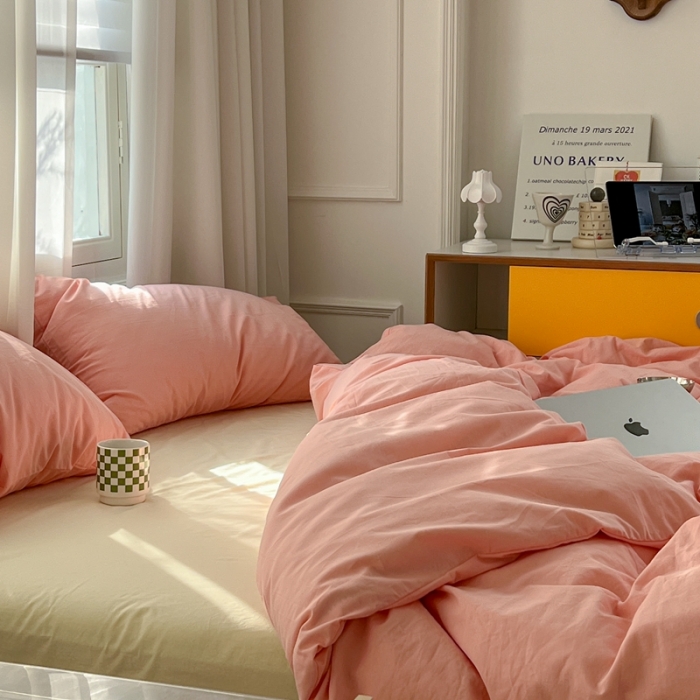 91家纺网 家纺一手货源 找家纺 六巷胡同新款ins博主风纯色混搭四件套全棉水洗棉 樱桃粉奶黄