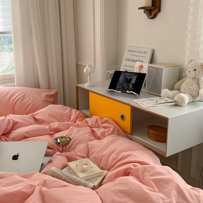 91家纺网 家纺一手货源 找家纺 六巷胡同新款ins博主风纯色混搭四件套全棉水洗棉 樱桃粉奶黄