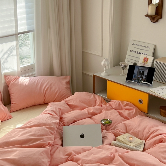 91家纺网 家纺一手货源 找家纺 六巷胡同新款ins博主风纯色混搭四件套全棉水洗棉 樱桃粉奶黄