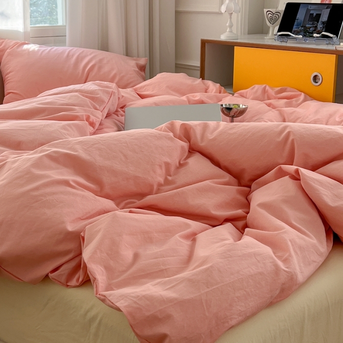 91家纺网 家纺一手货源 找家纺 六巷胡同新款ins博主风纯色混搭四件套全棉水洗棉 樱桃粉奶黄