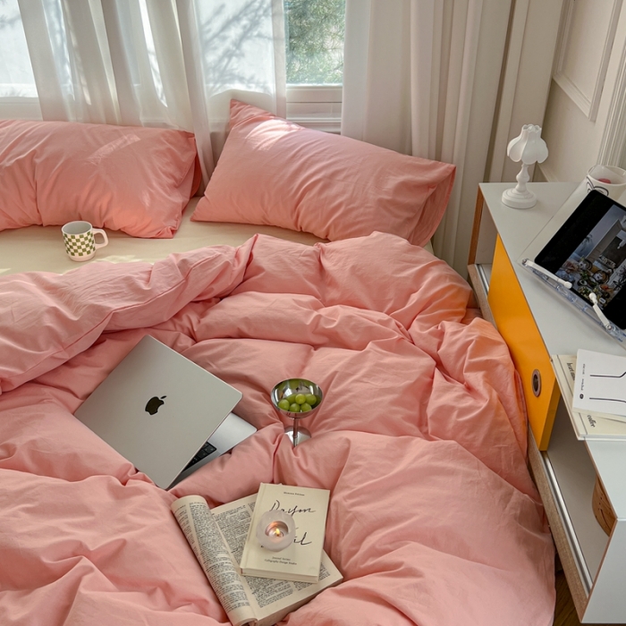 91家纺网 家纺一手货源 找家纺 六巷胡同新款ins博主风纯色混搭四件套全棉水洗棉 樱桃粉奶黄