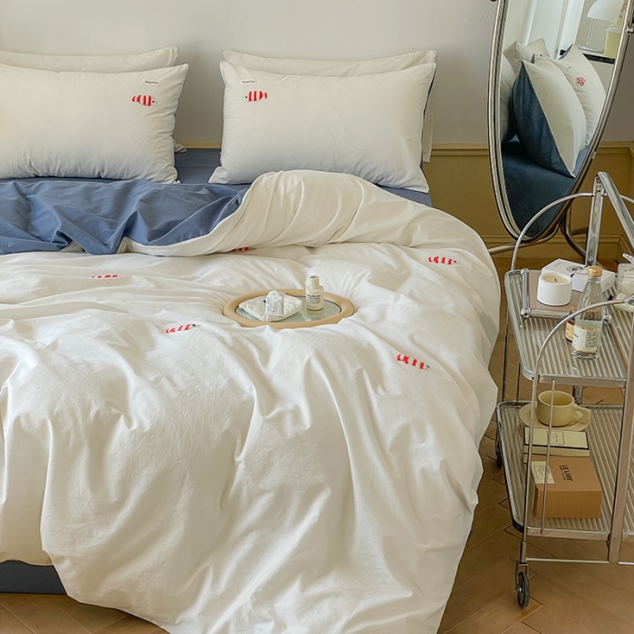 91家纺网 家纺一手货源 找家纺 洋铭区 2022新款全棉小清新水洗棉刺绣系列 鱼儿游游