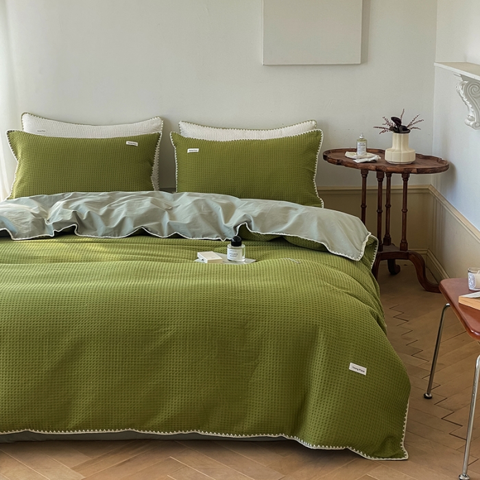 91家纺网 家纺一手货源 找家纺 洋铭区 2022新款全棉华夫格四件套 丛林绿