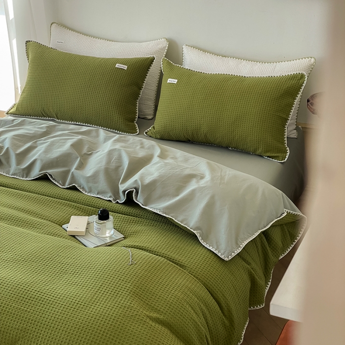 91家纺网 家纺一手货源 找家纺 洋铭区 2022新款全棉华夫格四件套 丛林绿