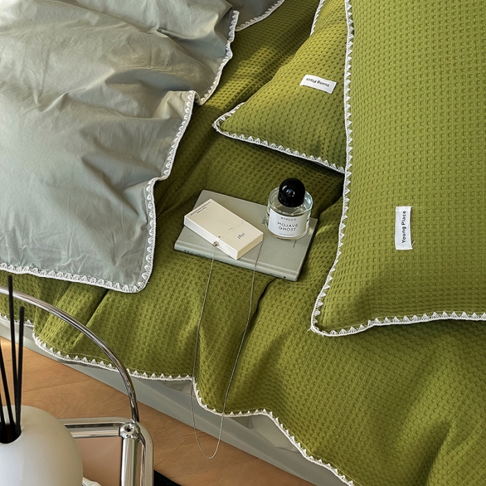 91家纺网 家纺一手货源 找家纺 洋铭区 2022新款全棉华夫格四件套 丛林绿