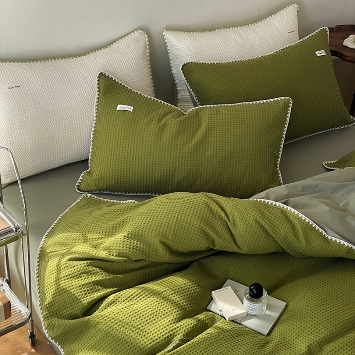 91家纺网 家纺一手货源 找家纺 洋铭区 2022新款全棉华夫格四件套 丛林绿