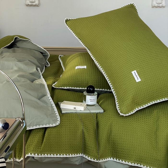 91家纺网 家纺一手货源 找家纺 洋铭区 2022新款全棉华夫格四件套 丛林绿