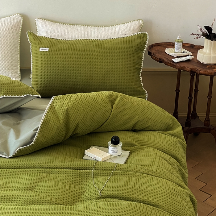 91家纺网 家纺一手货源 找家纺 洋铭区 2022新款全棉华夫格四件套 丛林绿