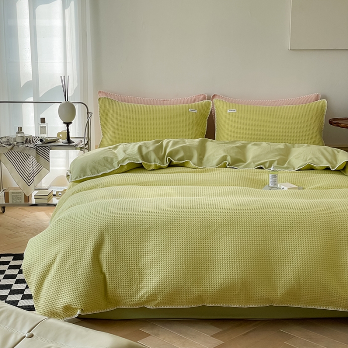 91家纺网 家纺一手货源 找家纺 洋铭区 2022新款全棉华夫格四件套 麦苗绿