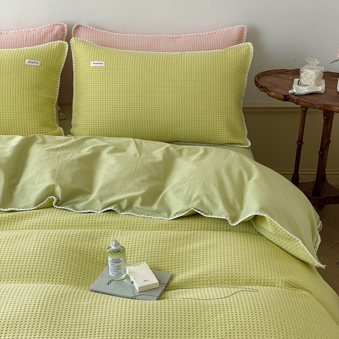 91家纺网 家纺一手货源 找家纺 洋铭区 2022新款全棉华夫格四件套 麦苗绿