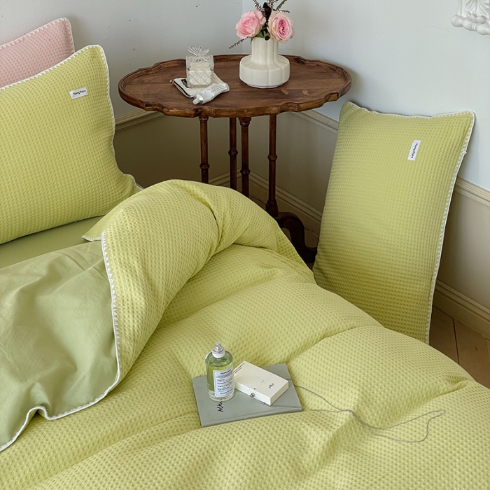 91家纺网 家纺一手货源 找家纺 洋铭区 2022新款全棉华夫格四件套 麦苗绿