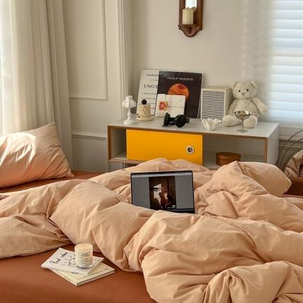 91家纺网 家纺一手货源 找家纺 六巷胡同新款ins博主风纯色混搭四件套全棉水洗棉 摩卡焦糖咖