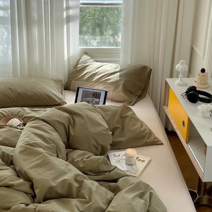 91家纺网 家纺一手货源 找家纺 六巷胡同新款ins博主风纯色混搭四件套全棉水洗棉 抹茶绿浅米