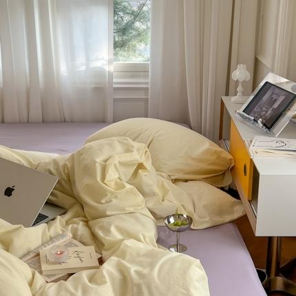 91家纺网 家纺一手货源 找家纺 六巷胡同新款ins博主风纯色混搭四件套全棉水洗棉 奶油黄淡紫