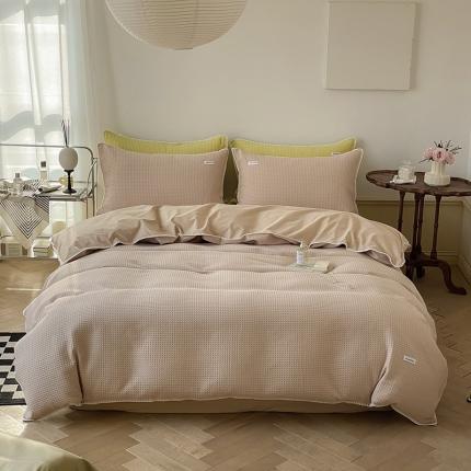 91家纺网 家纺一手货源 找家纺 洋铭区 2022新款全棉华夫格四件套 米杏色